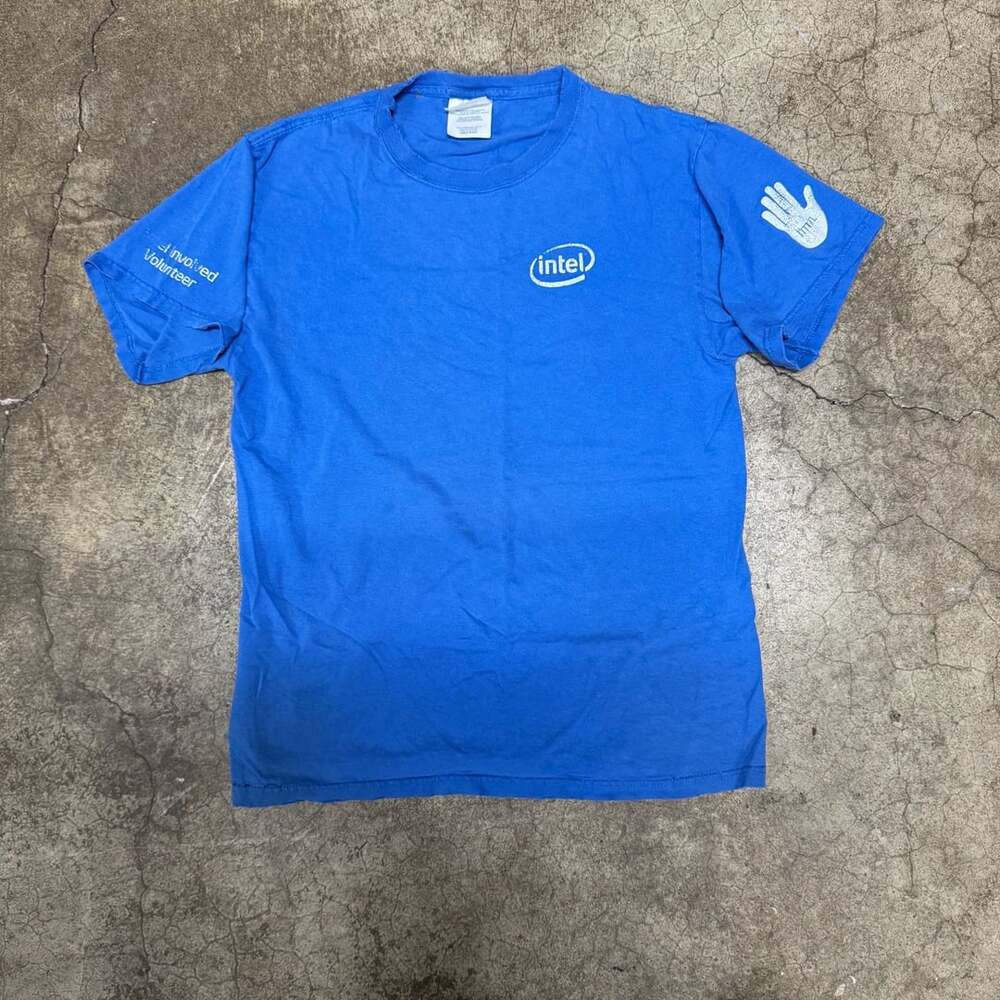 Port & Company Intel Volunteer T-Shirt Size M Blue Cotton Graphic Tee